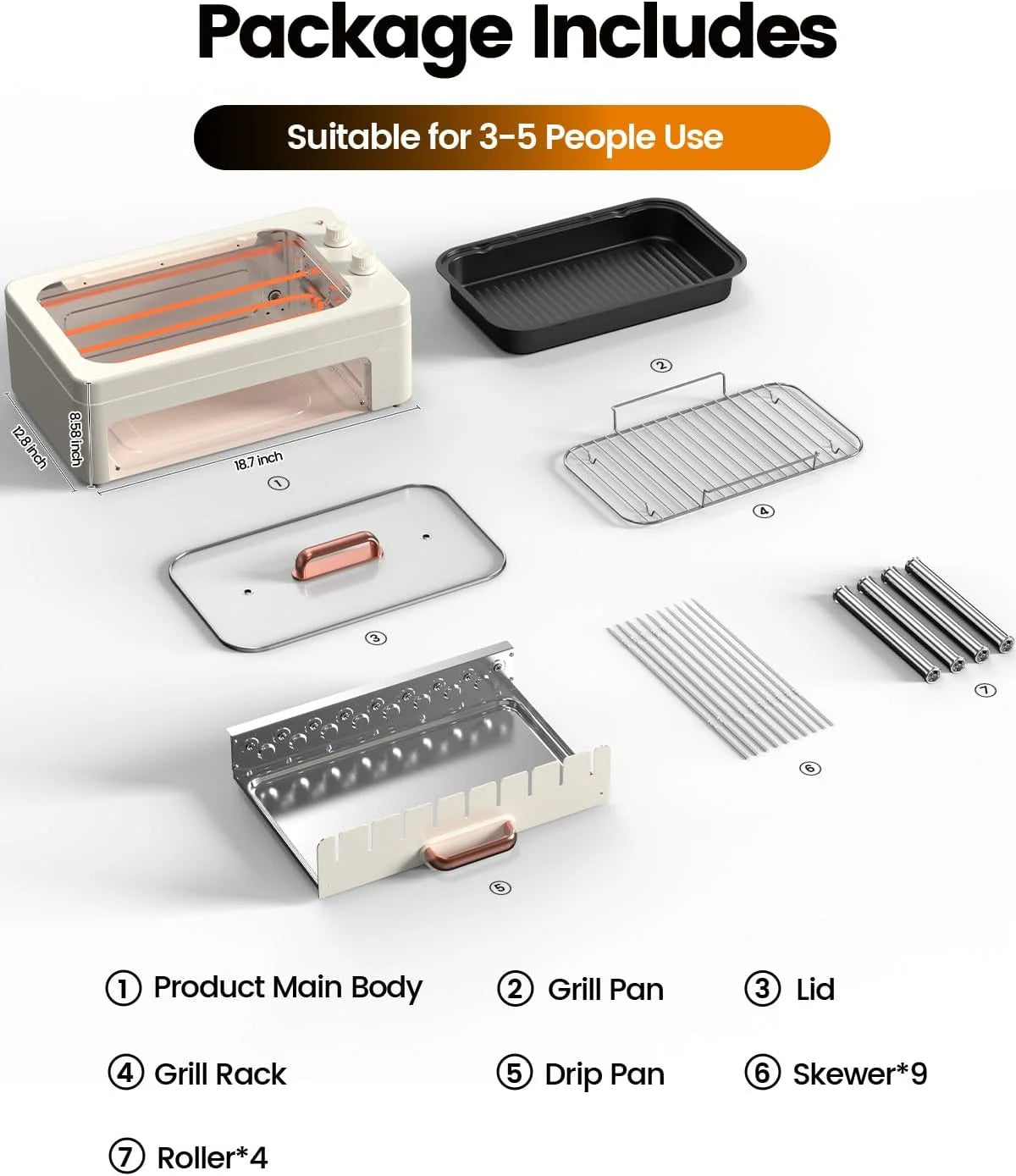 4-in-1 Electric Indoor Grill Smokeless for Home,Countertop Electric Grill with Removable Sizzling Grill Pan & Grate + Auto Rotating Kabob Skewers + Electric Hot Dog Roller Dual Zone Cook with Lid
