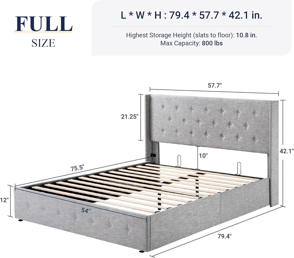 Allewie Queen Size Lift Up Storage Bed Modern Wingback Headboard Hydraulic Support