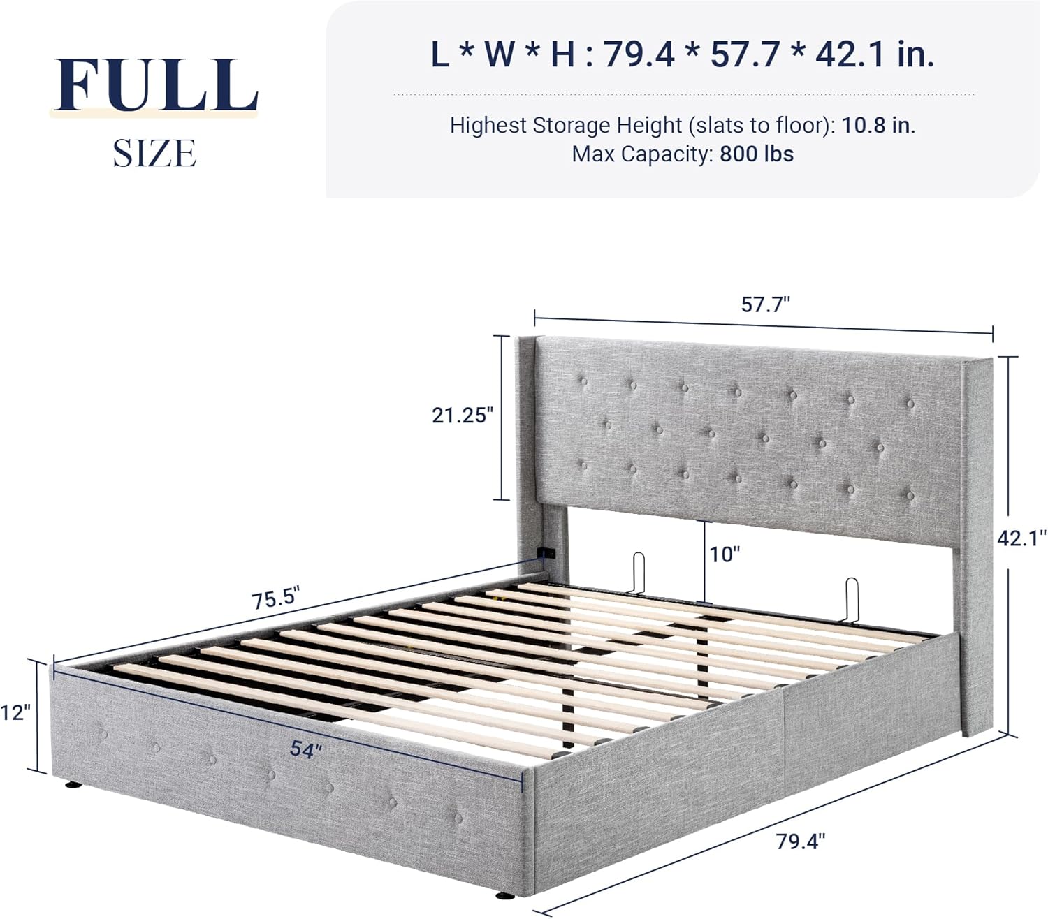 Allewie Queen Size Lift Up Storage Bed Modern Wingback Headboard Hydraulic Support