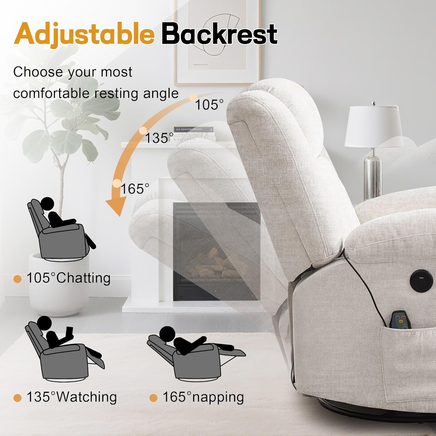 Adult rocking chair, gliding recliner, 360° rotating rocking chair with massage and heating function