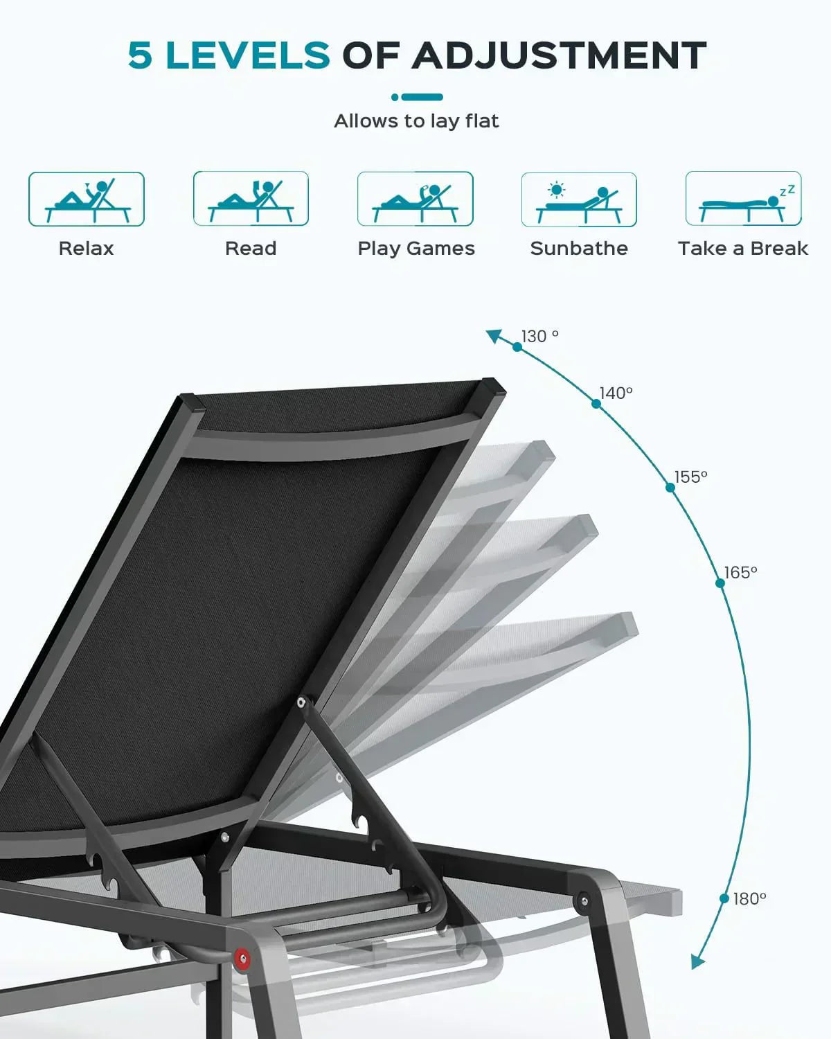 Aluminum Chaise Lounge Outdoor Foldable Assemble Free Outdoor Lounge Chair 5 Adjustable Backrest