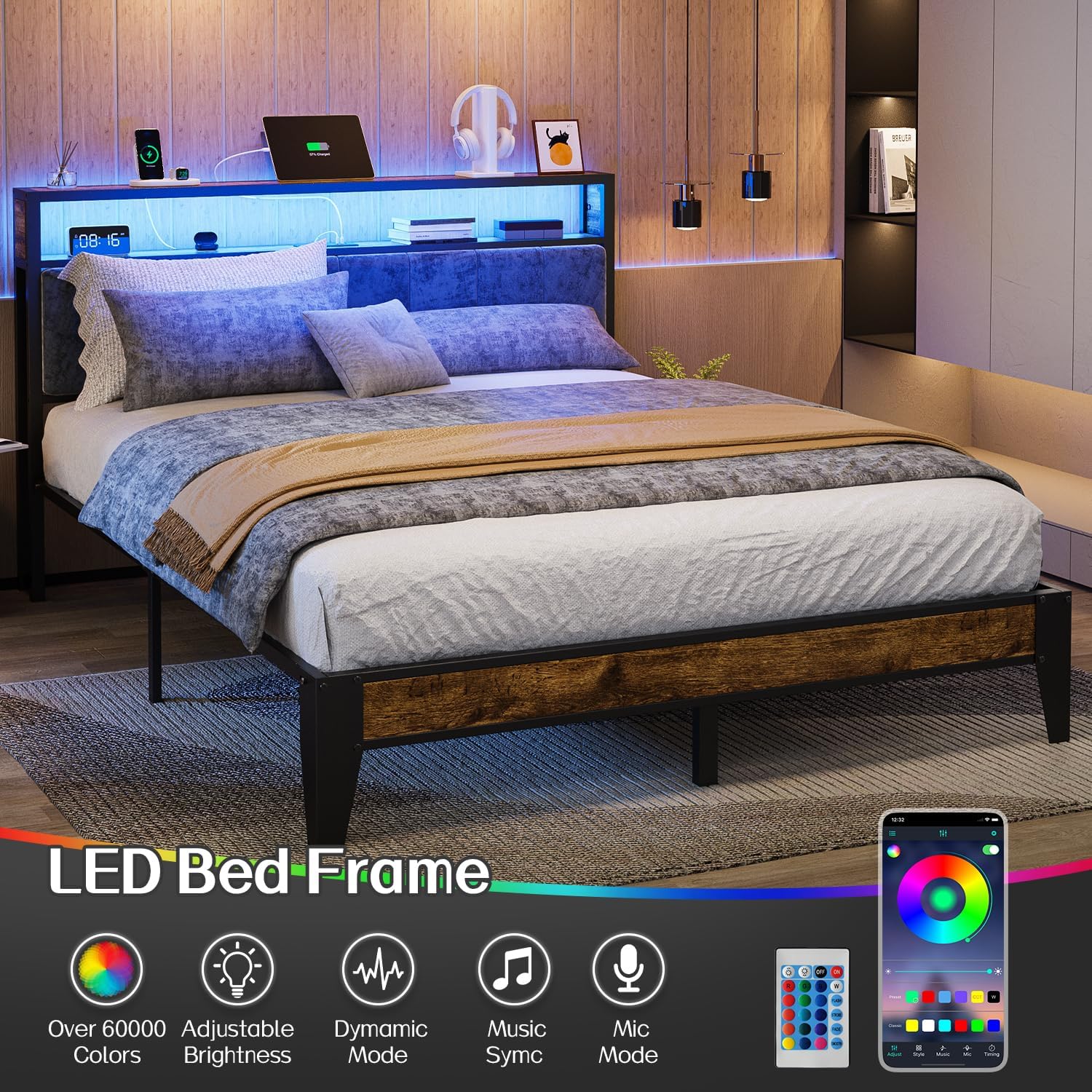 OLEVS Single Bed Frame LED Light Storage Headboard Charging Station Metal Platform Bed