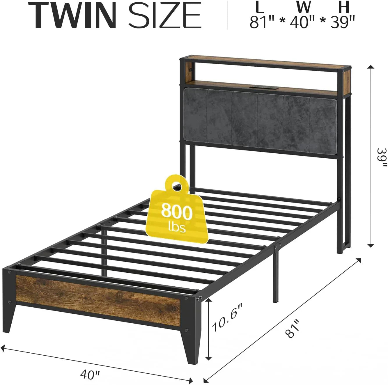 OLEVS Single Bed Frame LED Light Storage Headboard Type C Charging Station Metal Platform Bed