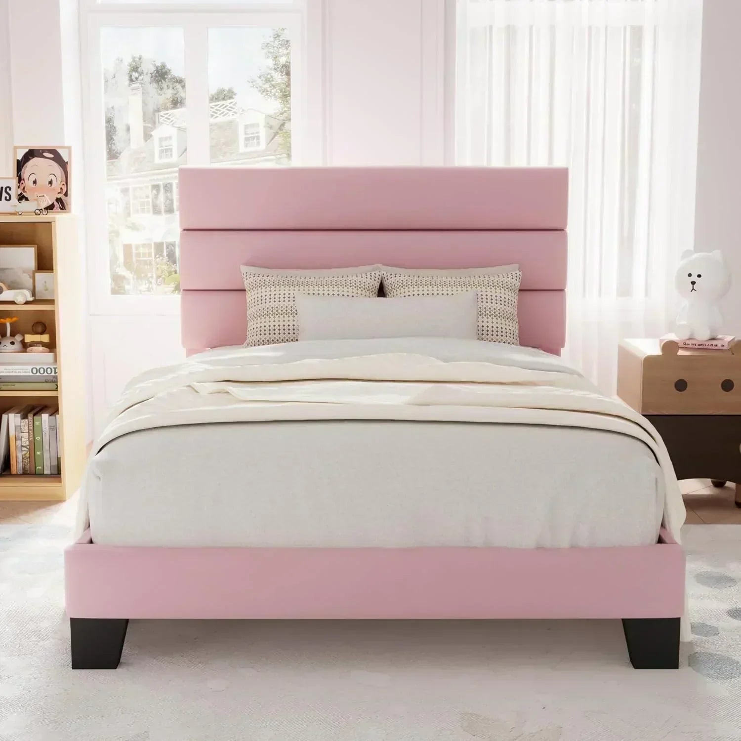 Allewie King size platform bed frame with velvet upholstered headboard and planks