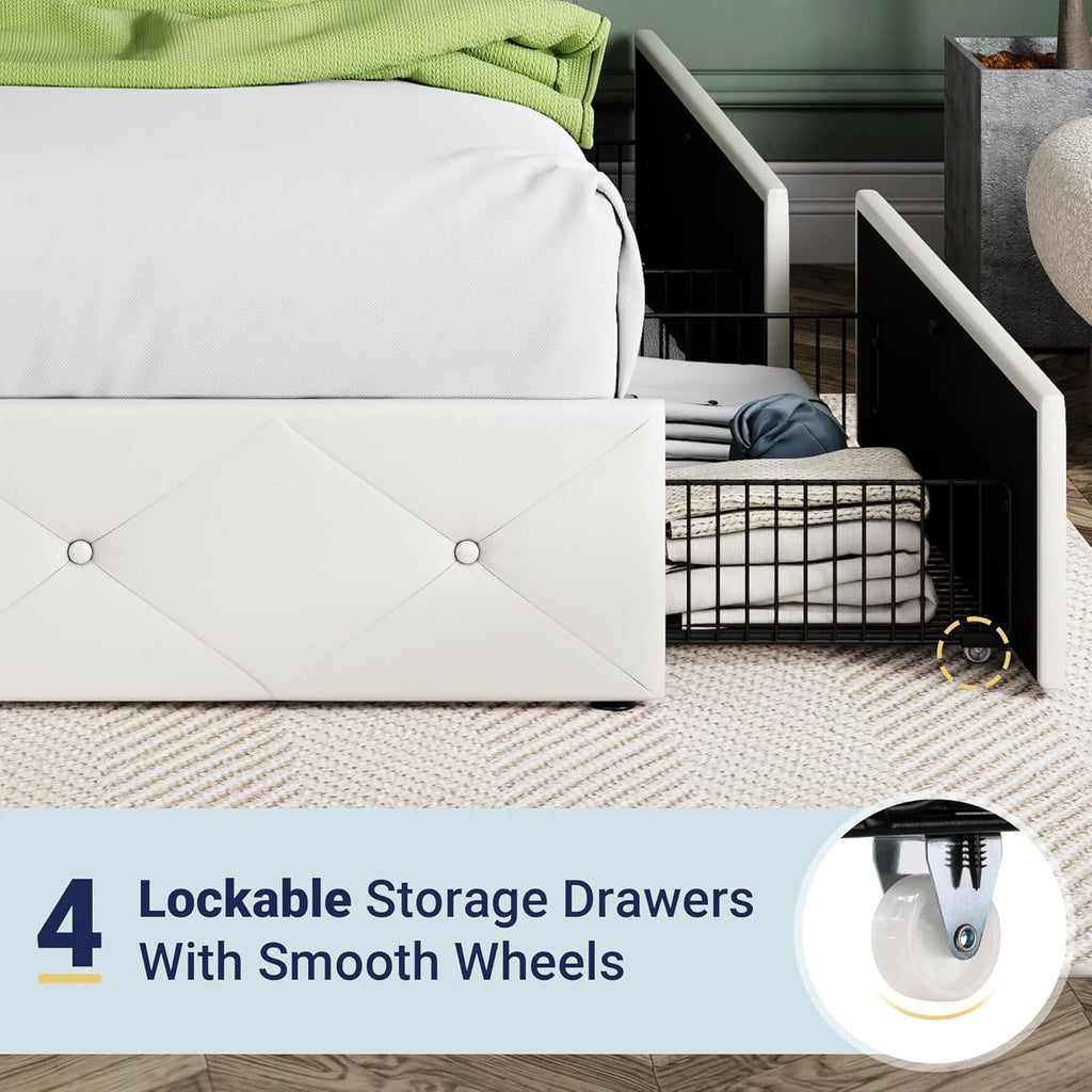 Allewie Upholstered Queen Size Platform Bed Frame with 4 Storage Drawers and Headboard