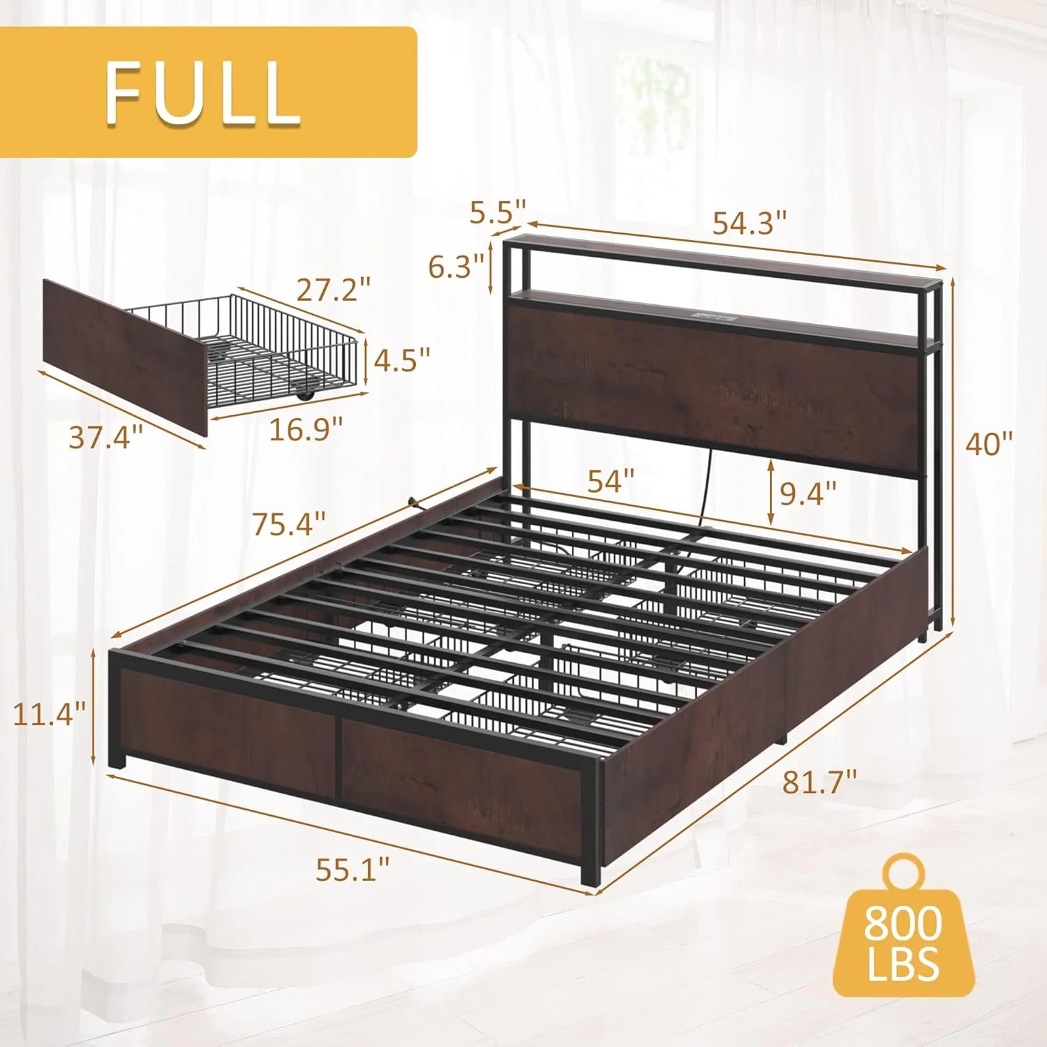 Lifezone Queen Bed Frame with 2-Tier Storage Headboard, Metal Platform Bed Frame with 4 Storage Drawers, Built in Charging Station & LED, Noise-Free/Metal Support/No Box Spring Needed
