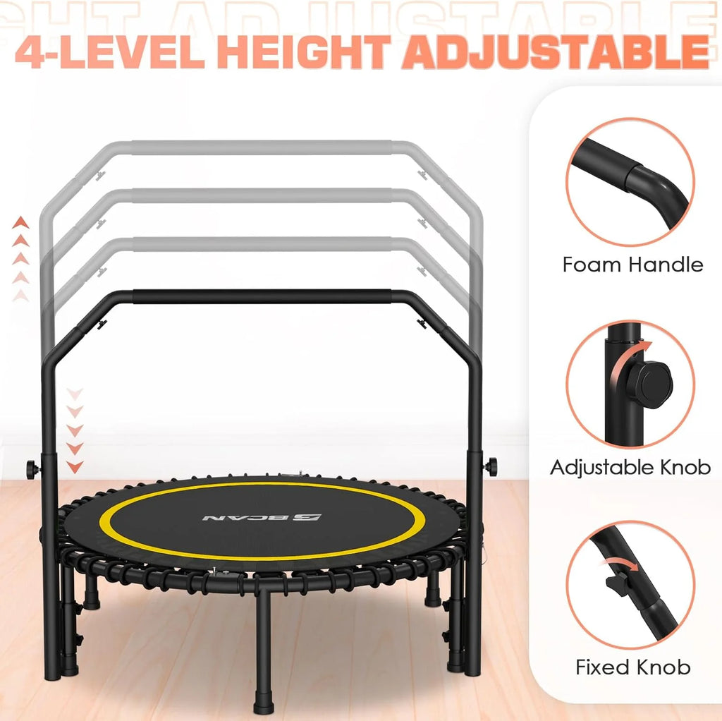 BCAN 450/550 LBS Foldable Mini Trampoline, 40/48 Fitness Trampoline with Bungees, U Shape Adjustable Foam Handle, Stable & Quiet Exercise Rebounder for Adults Indoor/Outdoor Workout