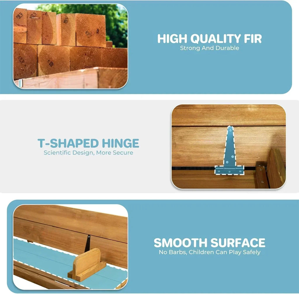 Kids Sandbox with Lid Wooden Sand Box Cover Outdoor UV-Protection Natural Wood Foldable Bench Seat