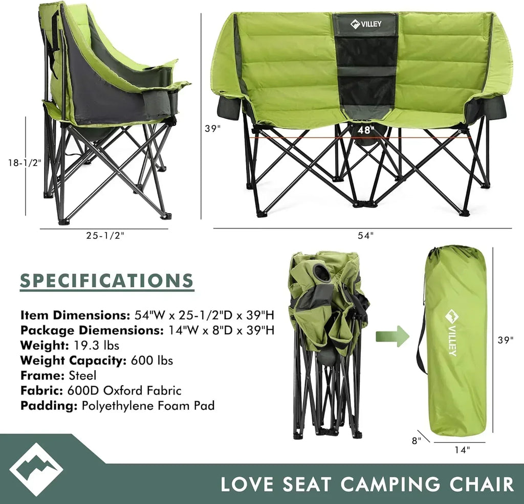 Double camping chair extra wide love seat heavy duty padded camping sofa portable folding chair