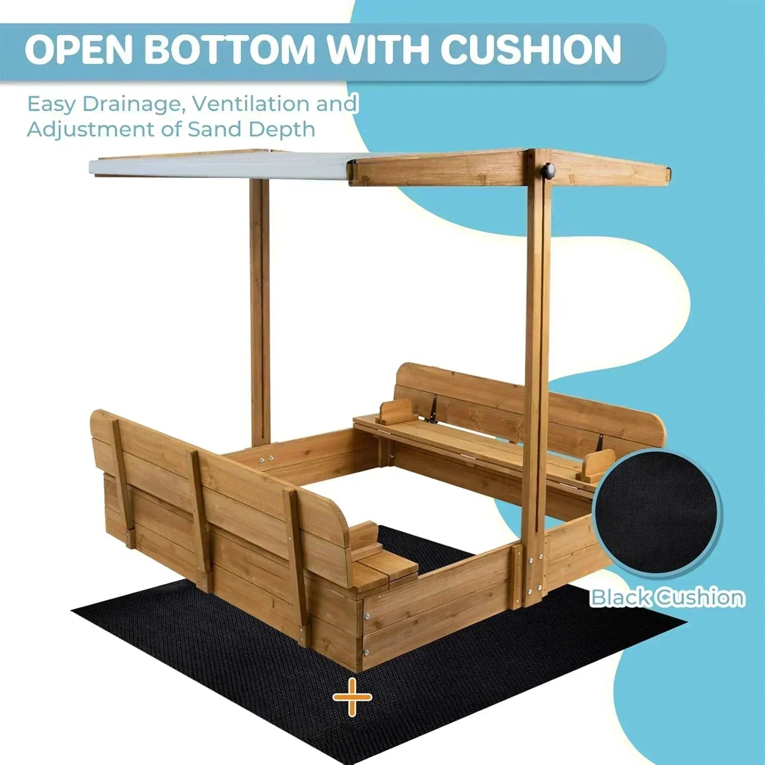 Kids Sandbox with Lid Wooden Sand Box Cover Outdoor UV-Protection Natural Wood Foldable Bench Seat