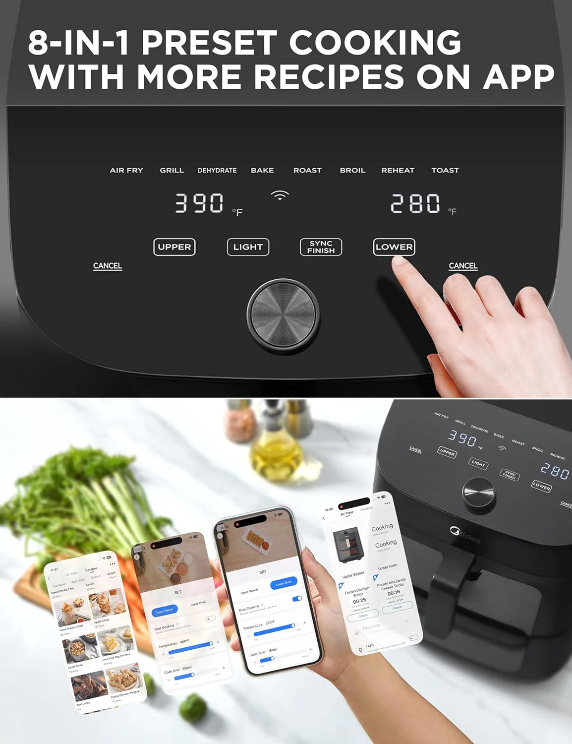 Dual Basket Air Fryer Oven 11 Quart 8 in 1 Functions Clear Window Smart Sync Finish