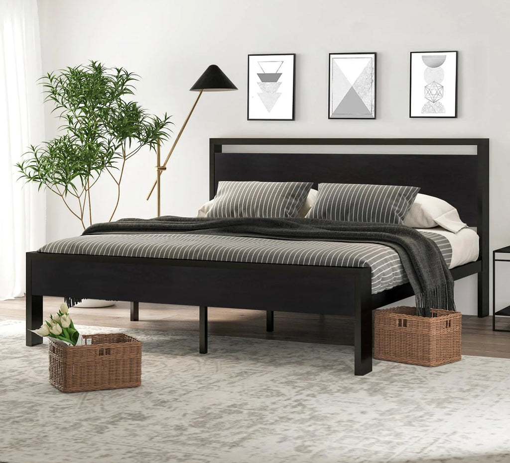 SHA CERLIN 14 Inch Queen Size Metal Platform Bed Frame with Wooden Headboard and Footboard
