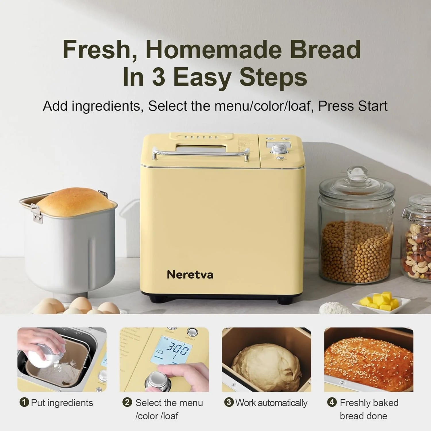Neretva Bread Maker, 20-in-1 2LB Bread Maker Dual Heater Bread Maker Automatic with Non-Stick Ceramic Pan