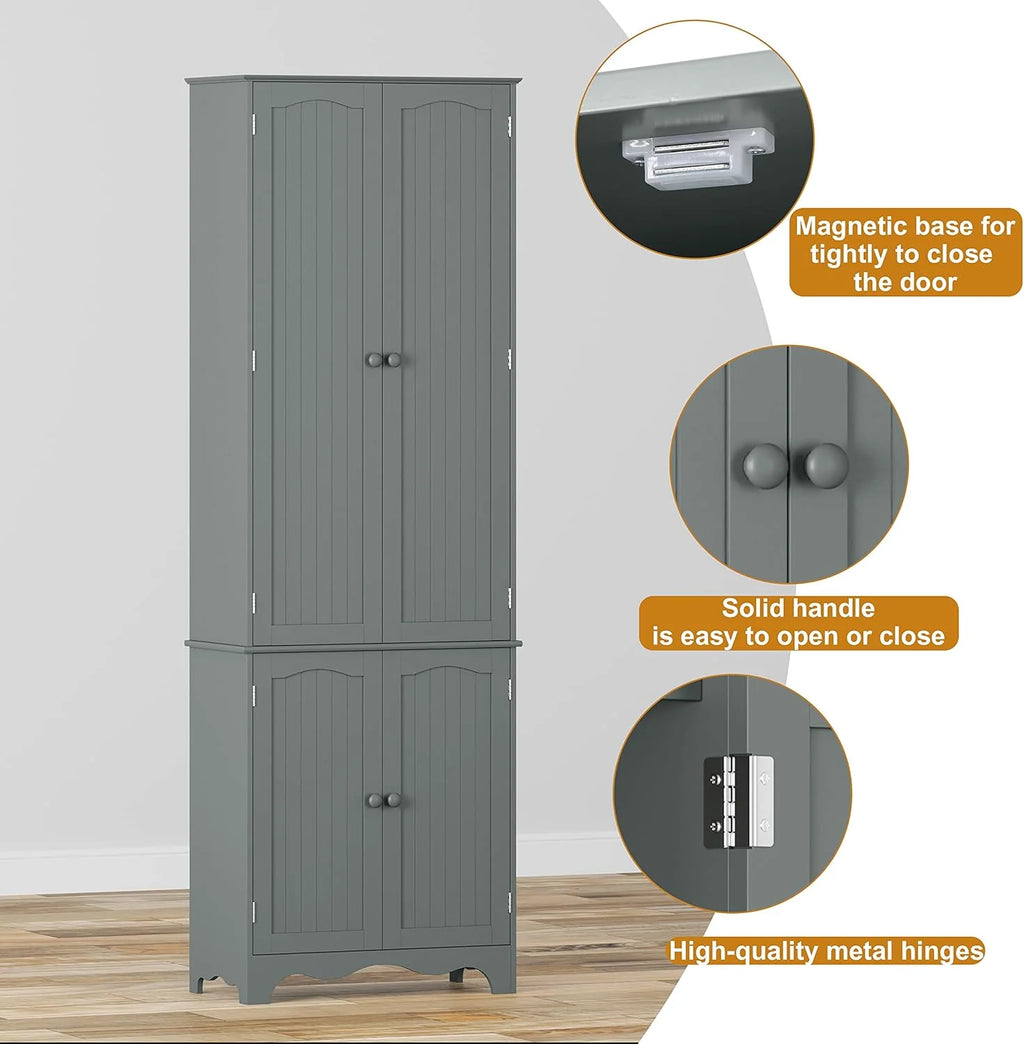 Tall Pantry Cabinet, Freestanding Storage Cabinet, Wooden Kitchen Pantry with 4 Doors and 5 Shelves, 72 Floor Cabinet Organizer