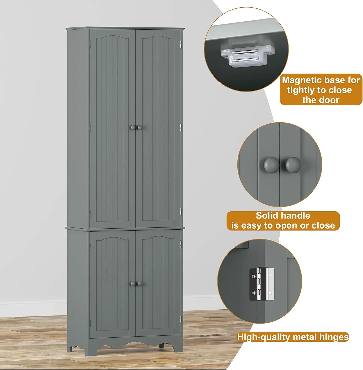 Tall Pantry Cabinet, Freestanding Storage Cabinet, Wooden Kitchen Pantry with 4 Doors and 5 Shelves, 72 Floor Cabinet Organizer