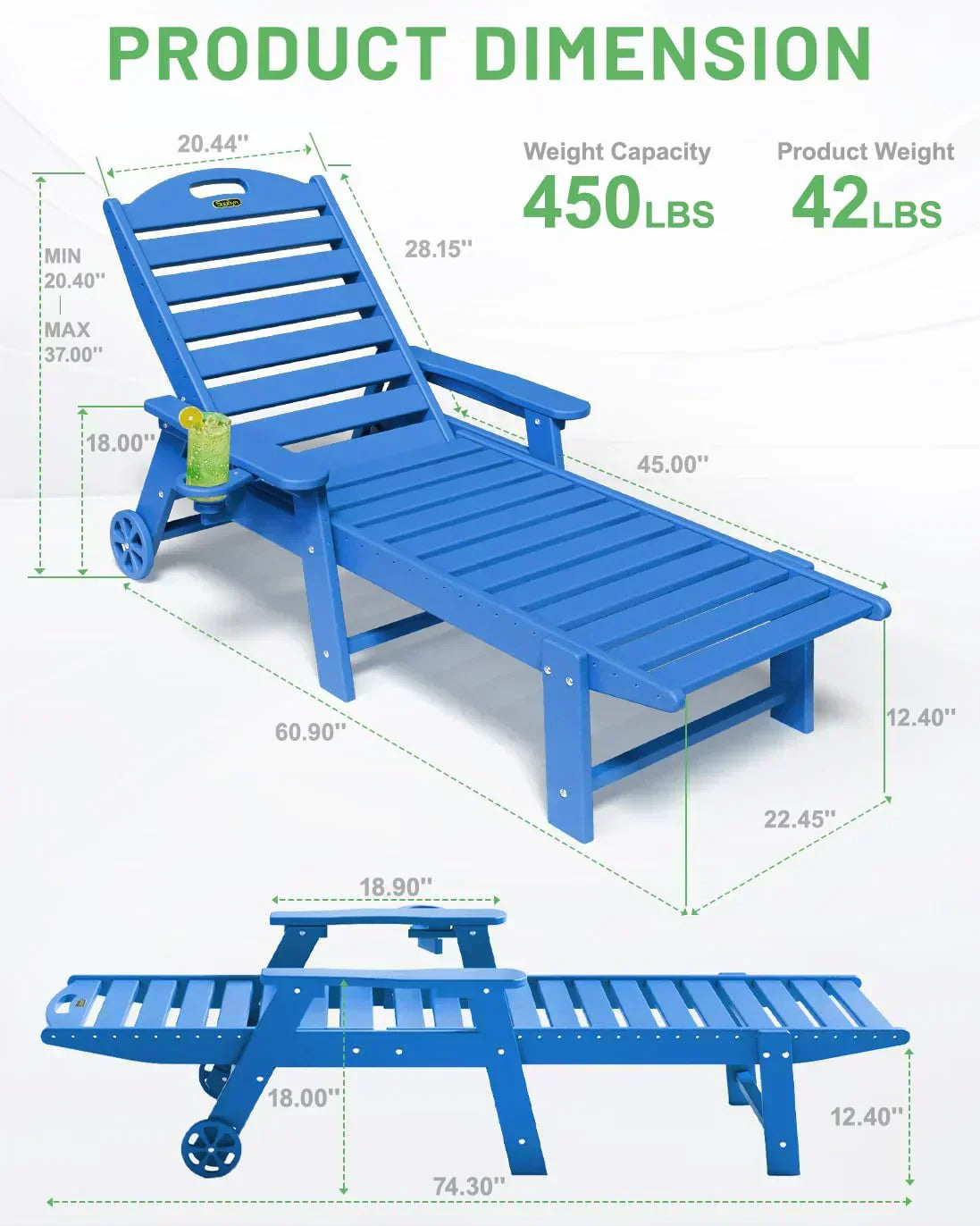 Lounge Chair Outdoor Chaise Lounge HDPE 6-Position Outdoor Chaise Lounge Patio Lounge Chair