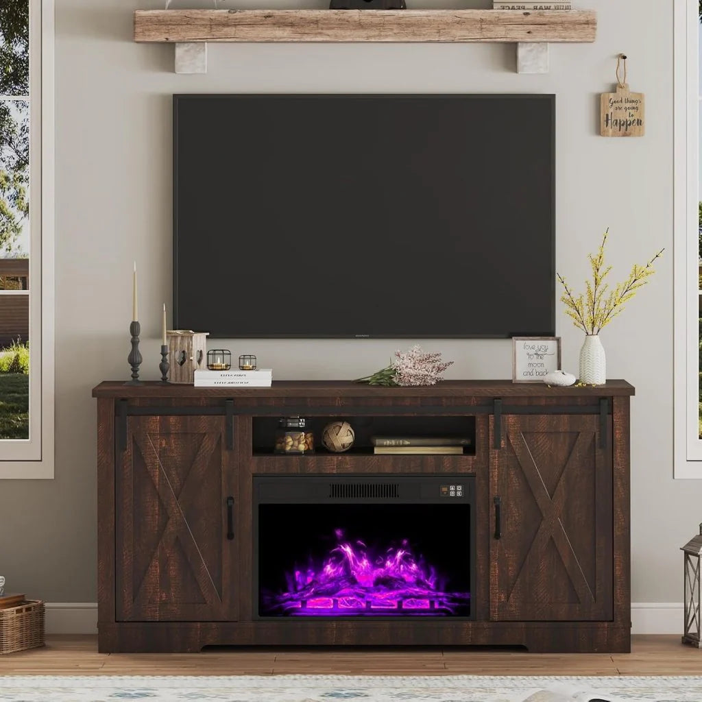 AMERLIFE Fireplace TV Stand with Sliding Barn Door for TVs up to 73, Farmhouse 63 Fireplace Entertainment Center with Storage Cabinets/Adjustable Shelves