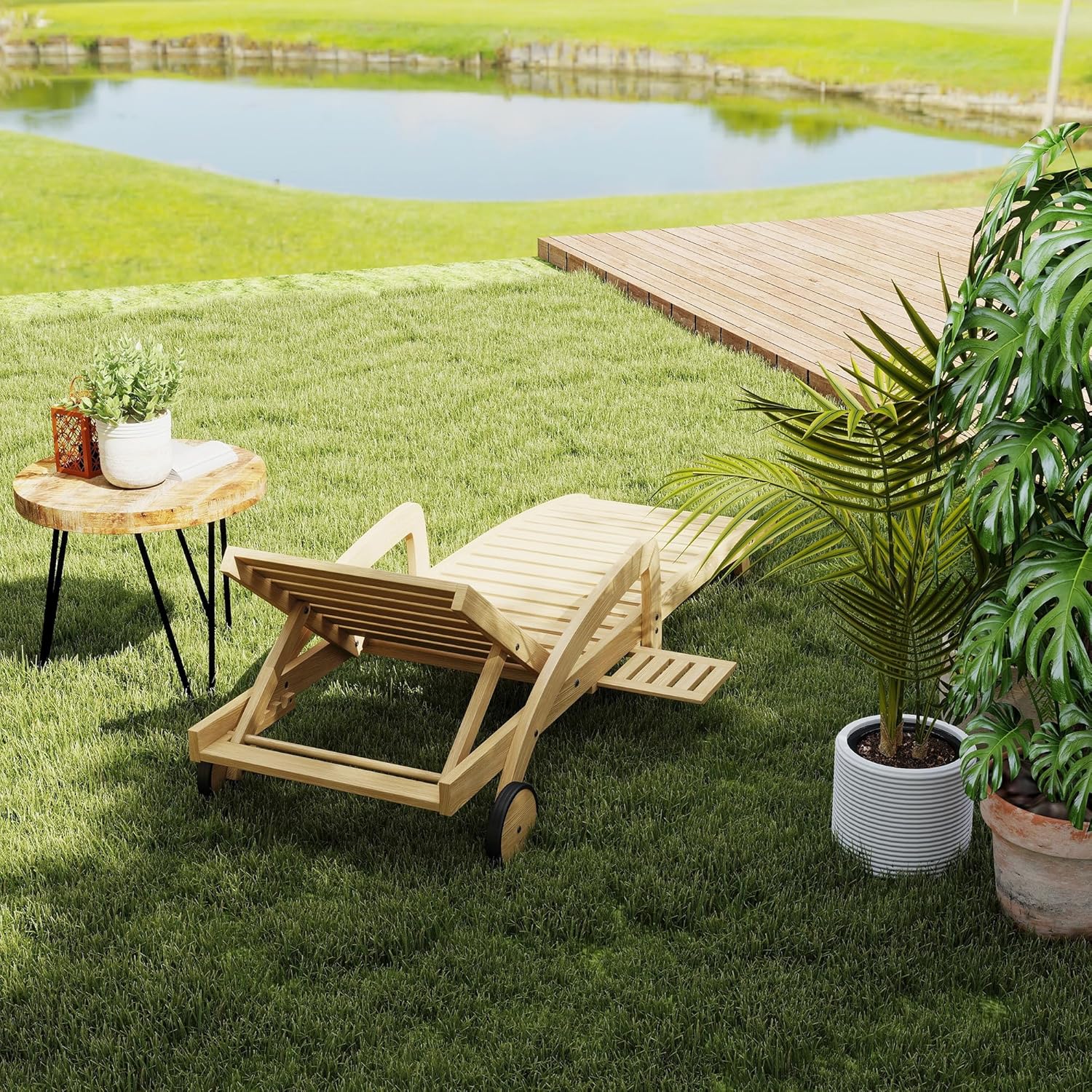 Pool Chaise Lounge Chairs Set of 4 5-Position Adjustable Outdoor Patio Lounge Chairs Wood Reclining Chaise Lounger Chair with Pullout Side Table