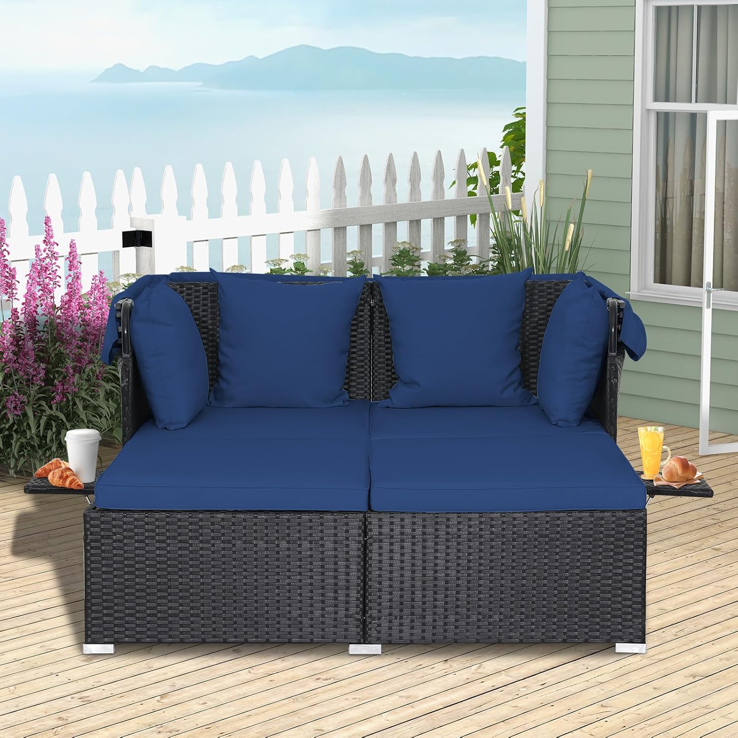 RELAX4LIFE Patio Outdoor Daybed with Canopy Wicker Sunbed Cushions 4 Pillows