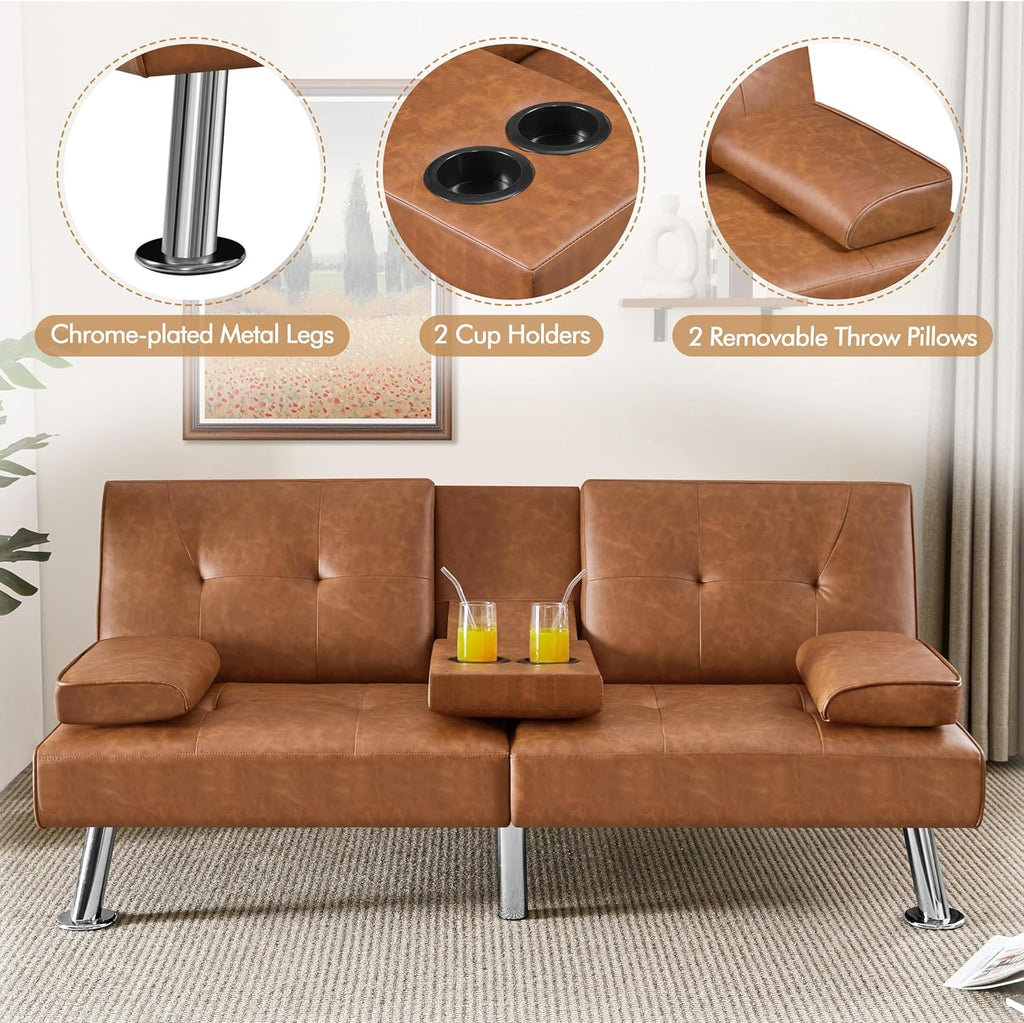 Yaheetech Convertible Sofa Bed Adjustable Couch Sleeper Modern Faux Leather Home Recliner Reversible Loveseat Folding Daybed Guest Bed, Removable Armrests, Cup Holders, 3 Angles, 772lb Capacity, Brown