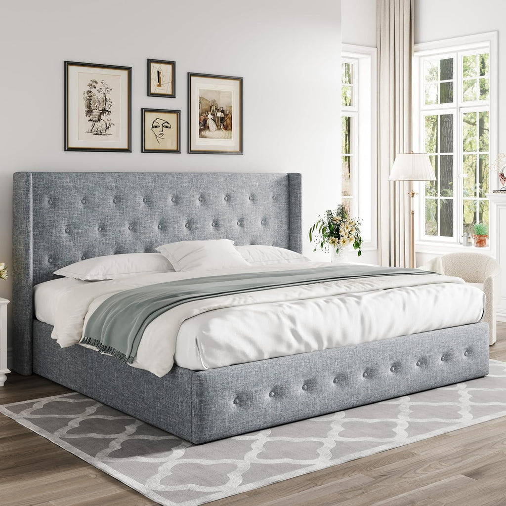 Allewie Queen Size Lift Up Storage Bed Modern Wingback Headboard Hydraulic Support