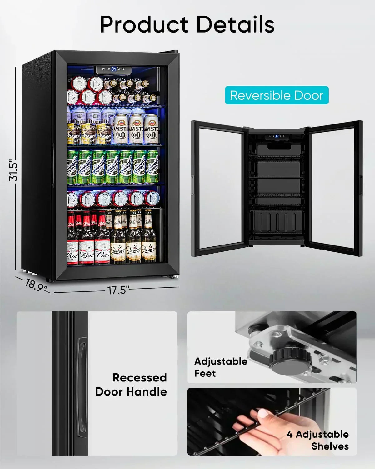 Beverage Refrigerator Cooler 126 Can Mini Fridge Glass Door for Drinks Soda Beer Wine Refrigerator
