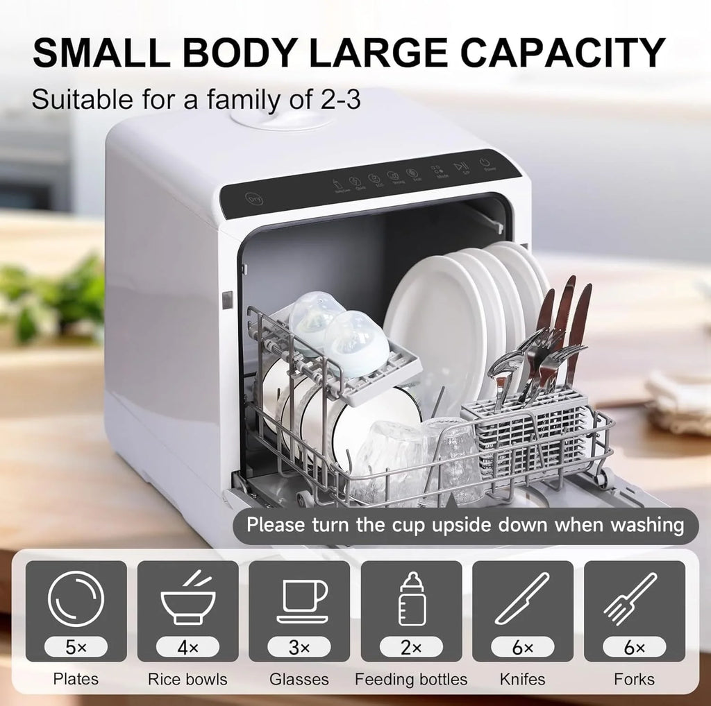 Mini countertop dishwasher. Compact dishwasher with drying function. Double spray arms. Portable countertop dishwasher