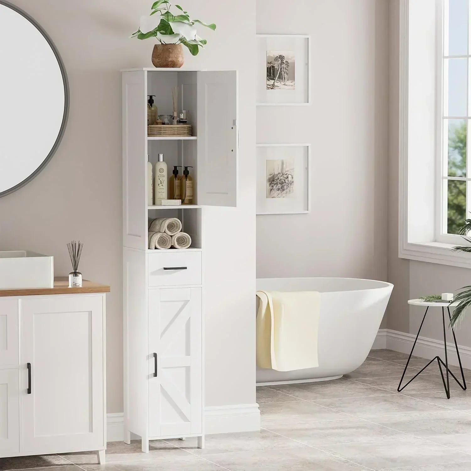 Homhedy 67 H Tall Bathroom Storage Cabinet with 2 Barn Doors and 1 Drawer Narrow Storage Unit