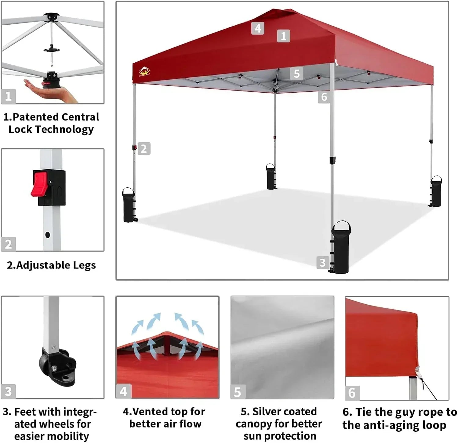 10x10 Pop-Up Awning One-Click Installation Beach Tent Outdoor Sunshade Silver Coated Top