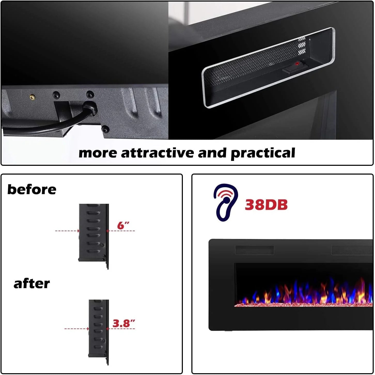 R.W.FLAME 60 Recessed and Wall Mounted Electric Fireplace, Low Noise, Fit for 2 x 6 Stud, Remote Control with Timer, Touch Screen, Adjustable Flame Color and Speed, 750-1500W