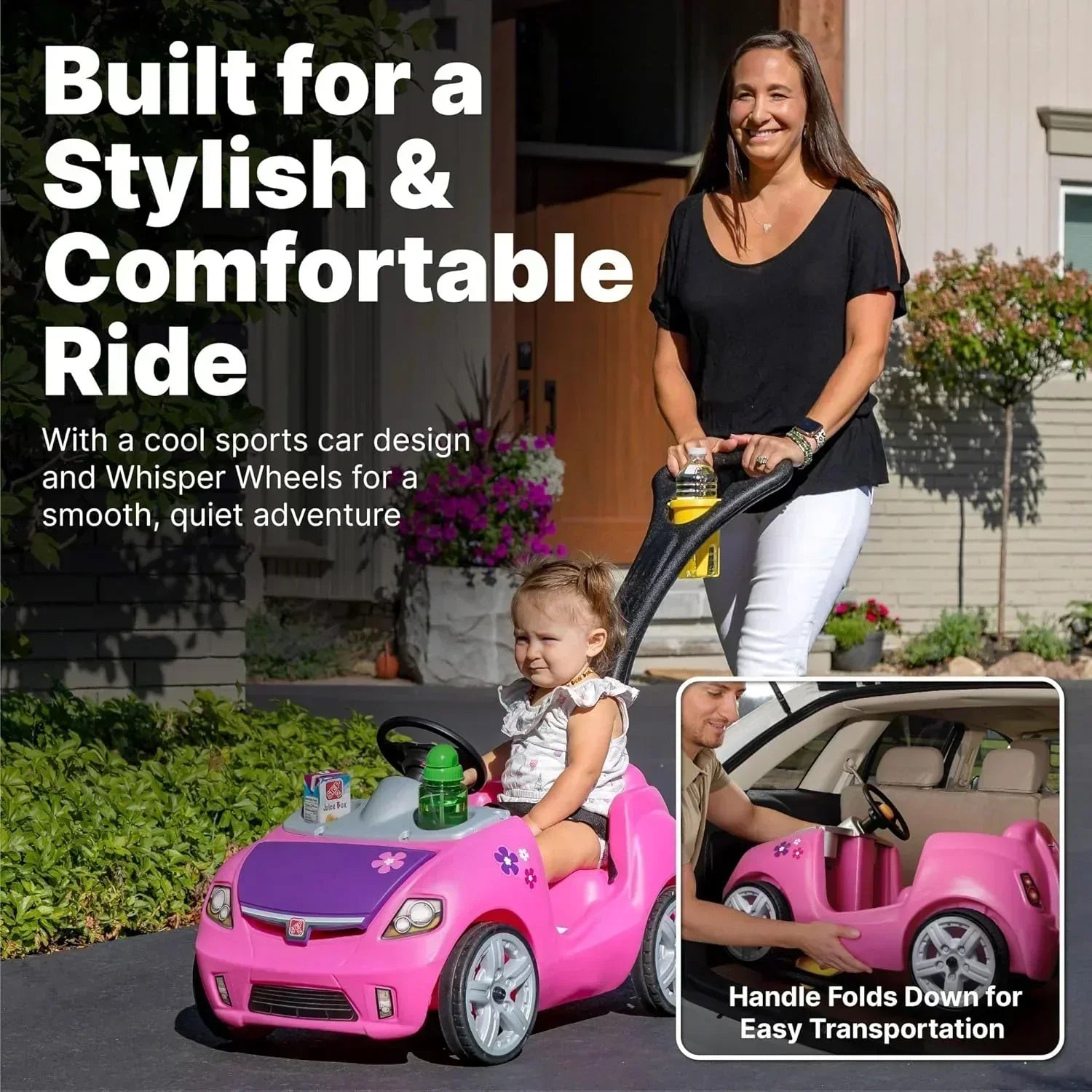 Step2 Whisper Ride II Ride On Push Toy Car Pink Ride On Car with Included Seat Belt Easy Storage