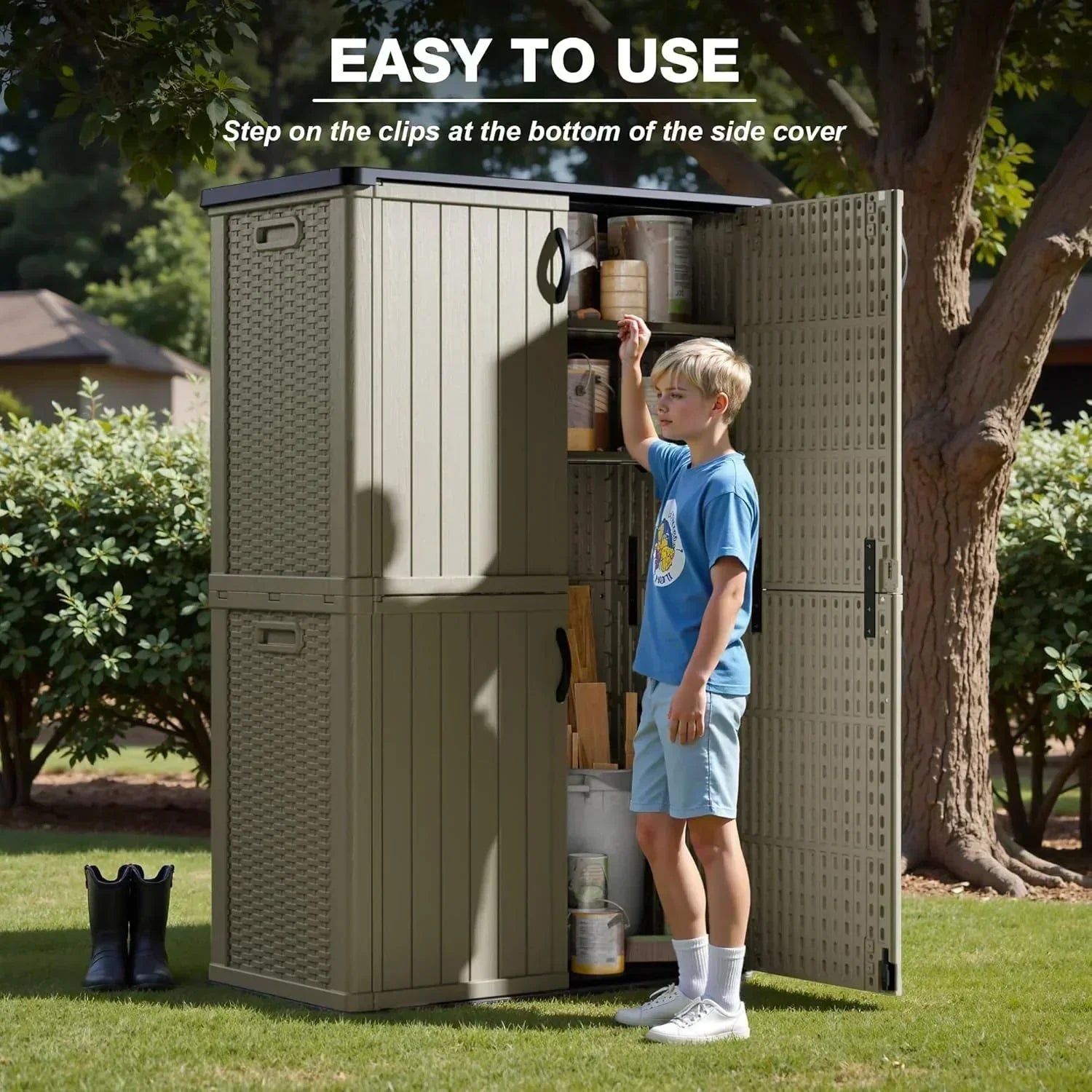 Greesum Outdoor Horizontal Storage Shed 27 Cu.ft Resin Large Storage Box for Garden Patio