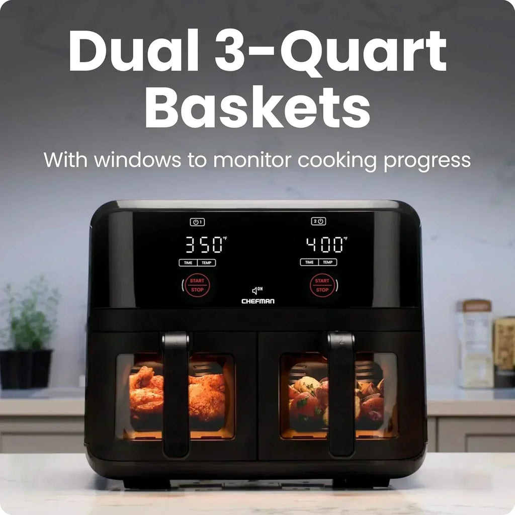 Chefman 6-Quart Double Basket Air Fryer Easy View Window uses two separate nonstick pans