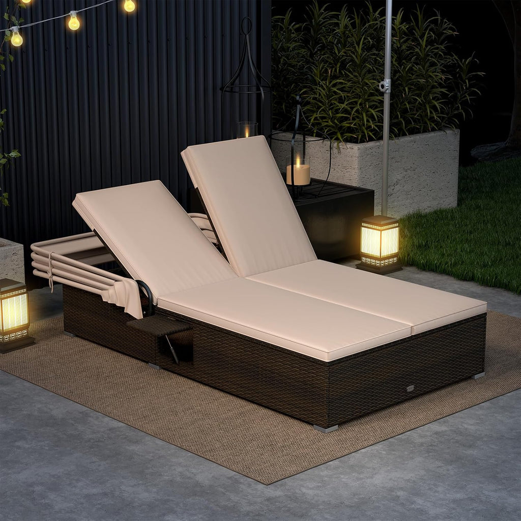 RELAX4LIFE Outdoor Daybed Retractable Canopy Wicker Double Chaise Lounge 6-Position Backrest