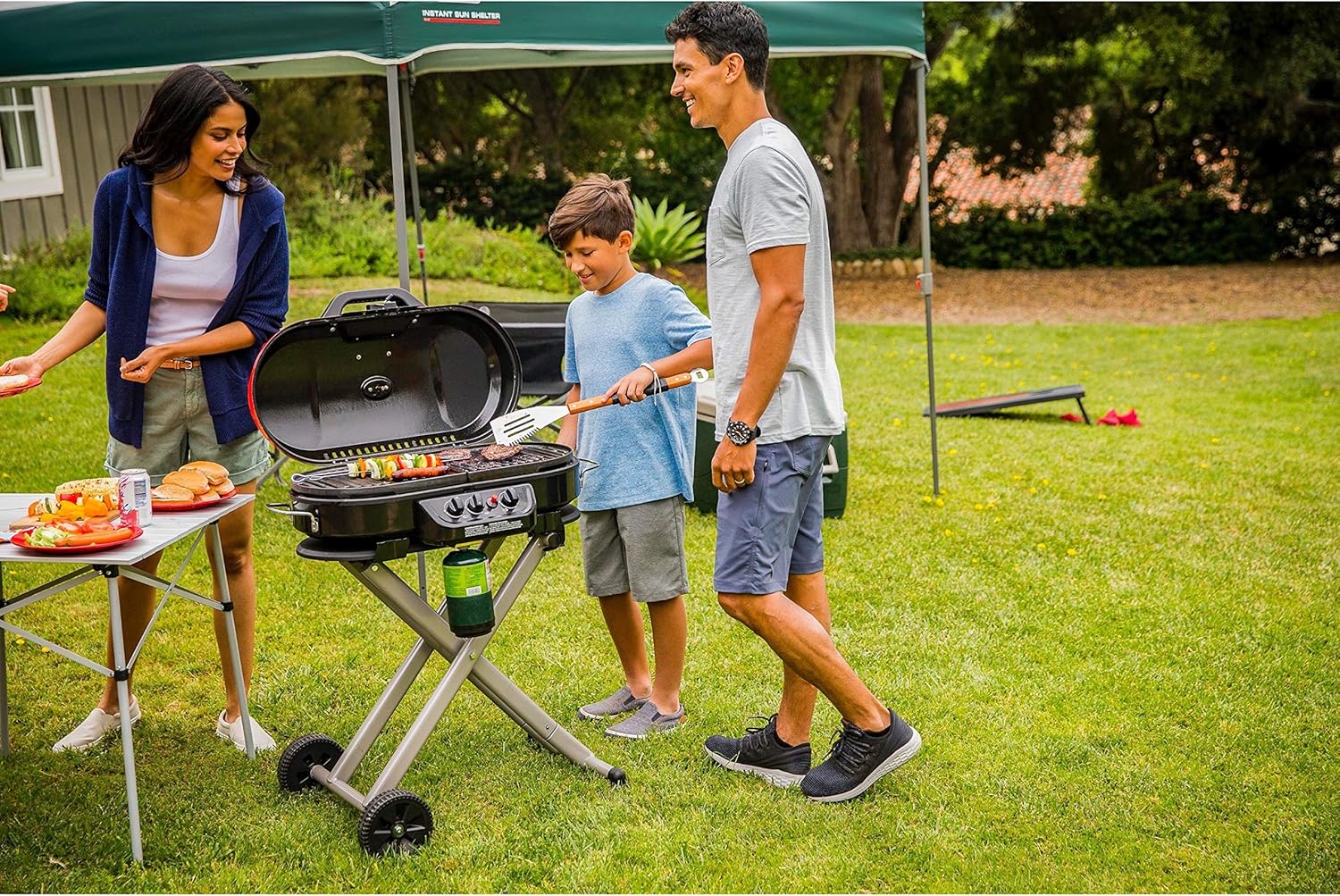 RoadTrip 285 Portable Stand-Up Propane Grill with 3 Adjustable Burners Instastart Ignition 20,000 BTUs