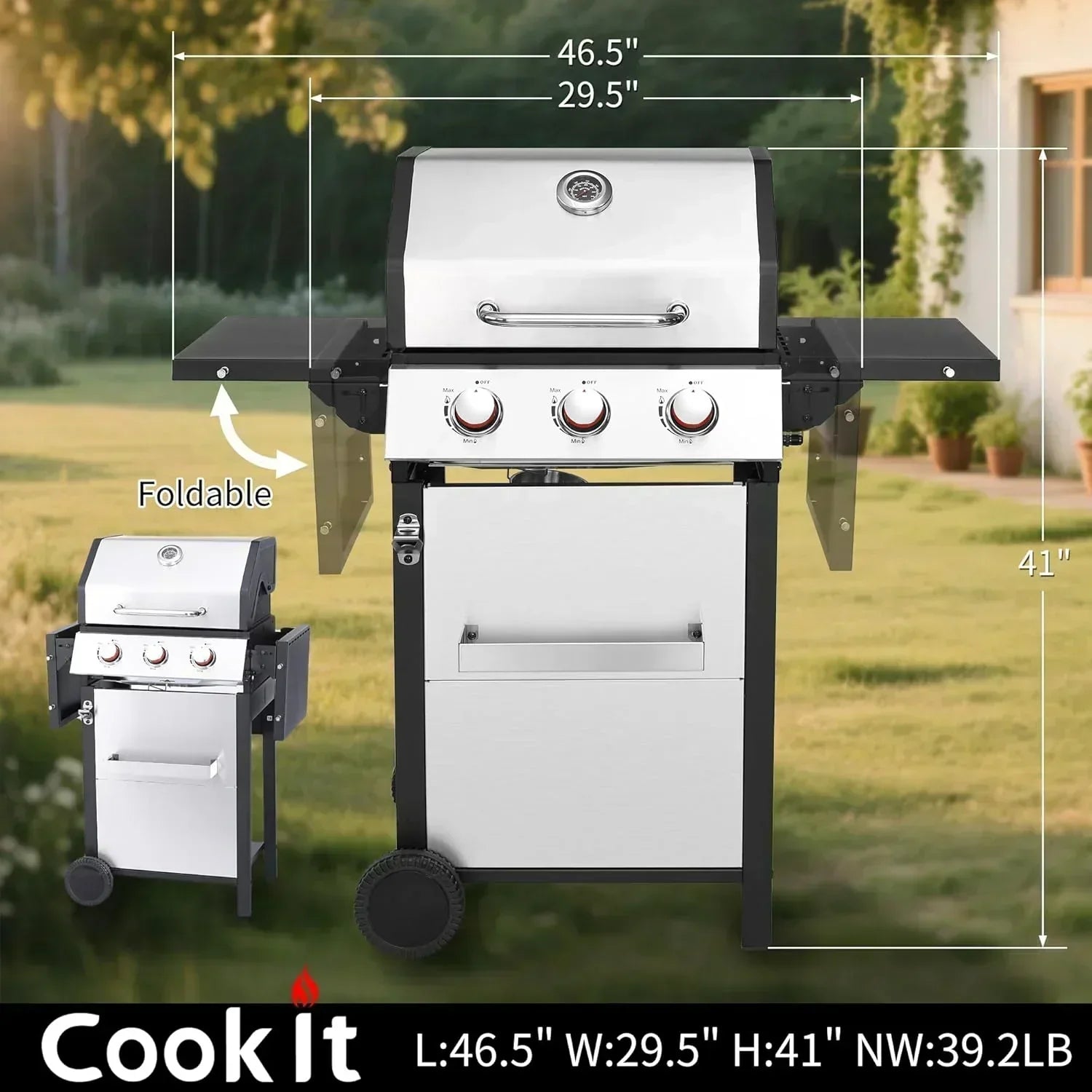 3-Burner Propane Gas Grill 30,000 BTU Output Double-layer Stainless Steel Grill Lid Cooking Grids
