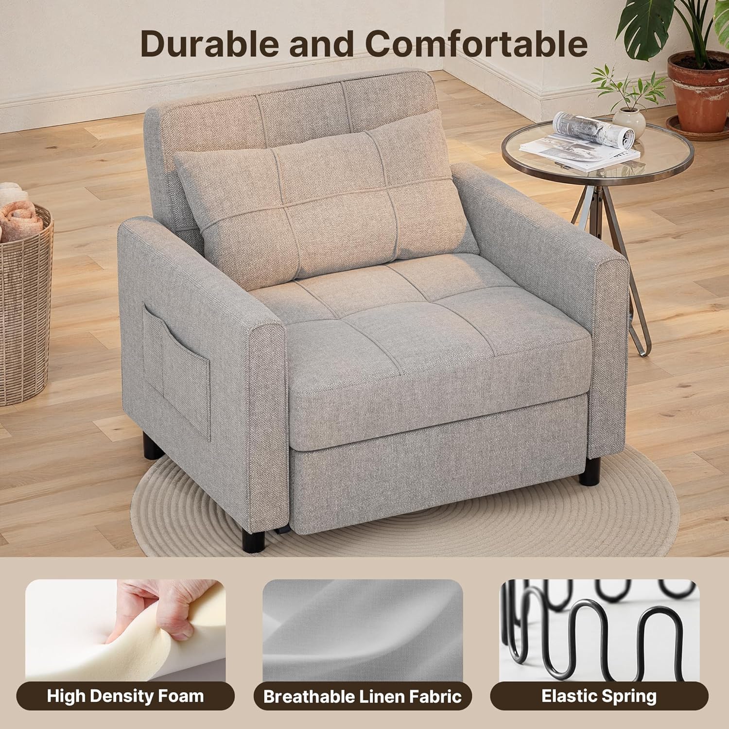 Sofa Bed Chair 3 in 1 Convertible Pullout Single Sleeper Chair Bed Spacious Multifunctional Sofa