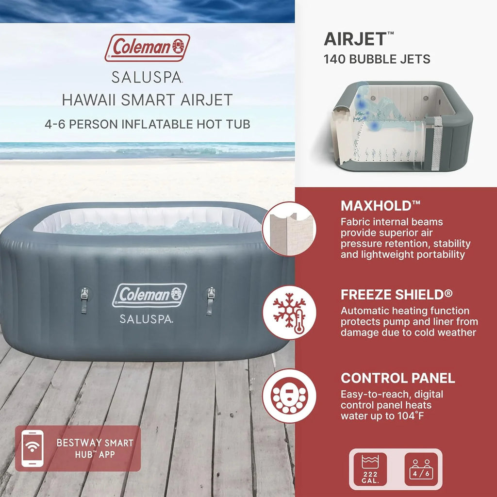 Coleman SaluSpa Atlantis AirJet 4 to 6 Person Inflatable Hot Tub Square Portable Outdoor Spa with 140 Soothing Jets with Cover, Blue