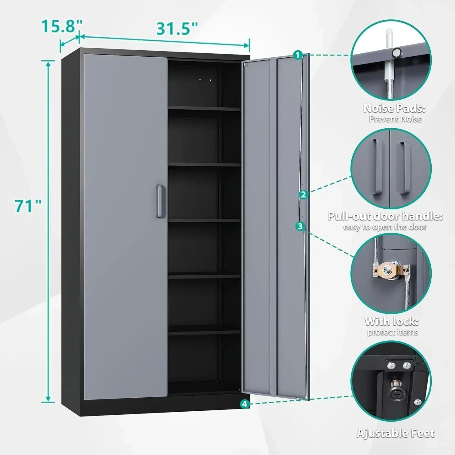 Metal Storage Cabinet with 2 Doors and 6 Shelves Black Metal Cabinet Garage Storage Cabinet
