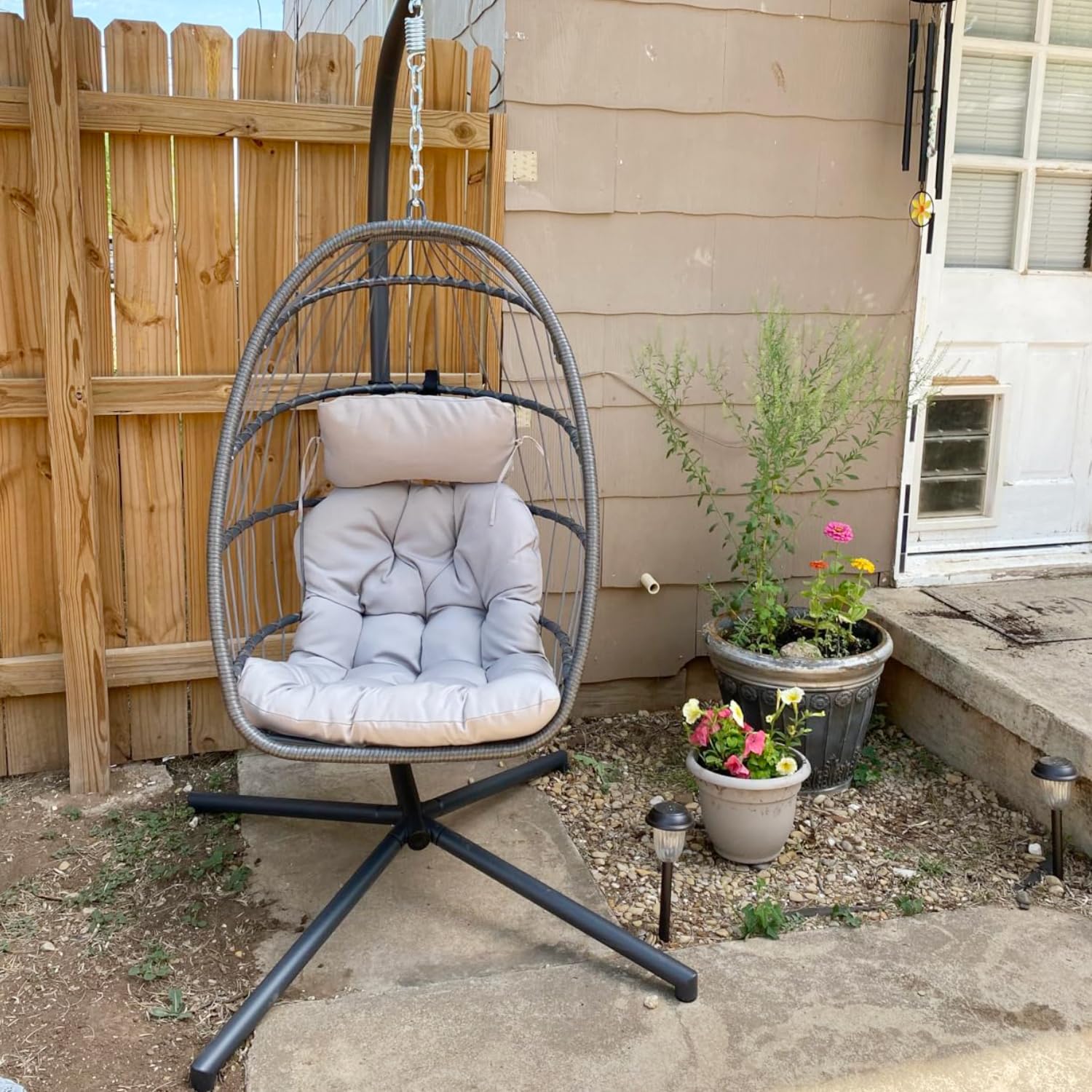 Yechen Indoor Outdoor Egg Hanging Chair Stand Patio Wicker Swing Egg Chair Swinging Chair