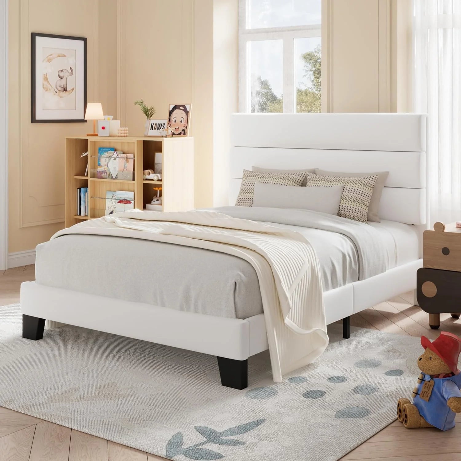 Allewie Queen Size Platform Bed Frame Fabric Upholstered Headboard Wooden Slats Support