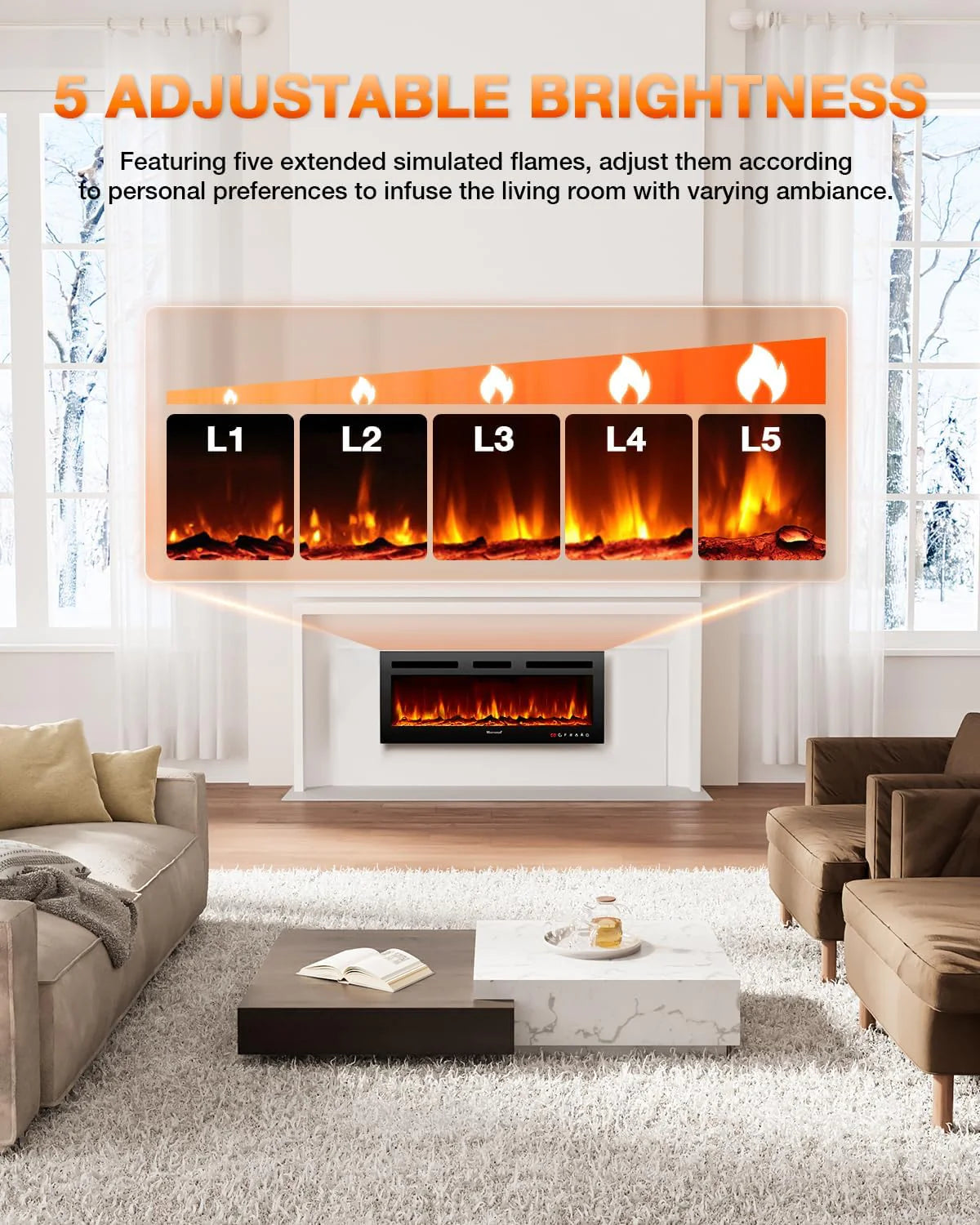 Electric Fireplace 60Inch,Wall Mounted Electric Fireplace Heater with Timer Inserts��TV Stand Touch Screen and Realistic Flame,Log Set,Crystal Flames 750 to 1500W��Remote for Living Room