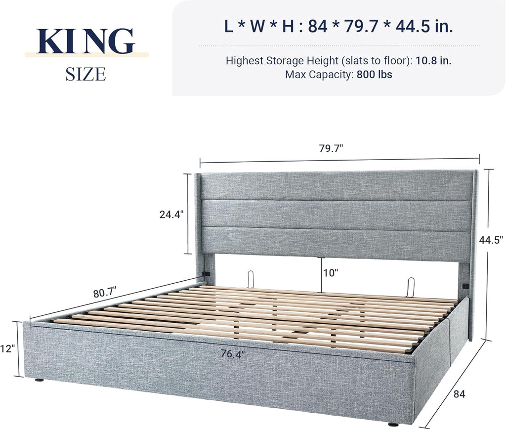 Allewie Queen Size Lift Up Storage Bed Modern Wingback Headboard Hydraulic Support