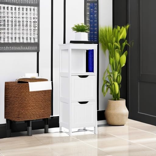 Bathroom Floor Cabinet, Wooden Storage Cabinet with 2 Drawers, Multifunctional Side Organizer Rack Stand Table