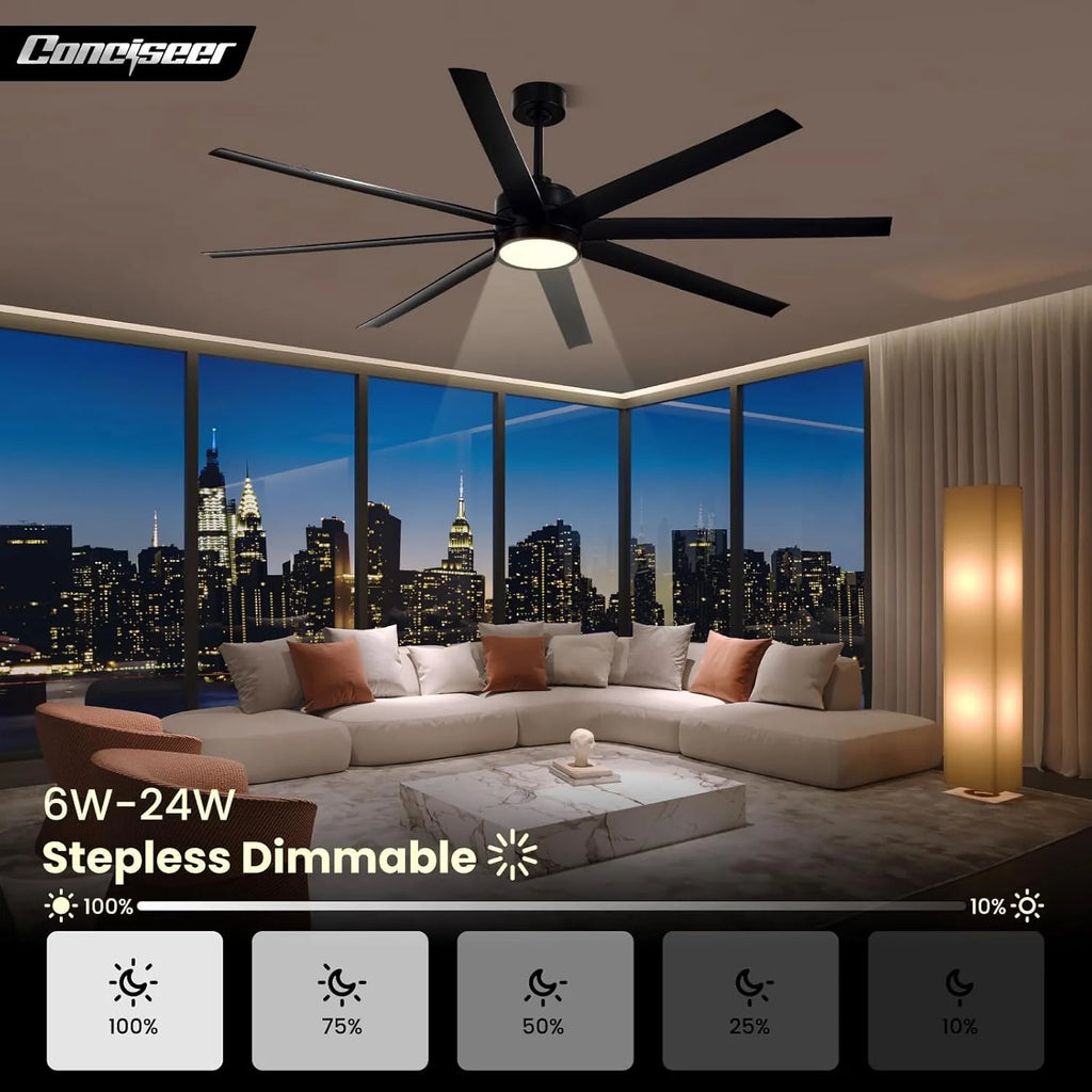 Modern Ceiling Fans with Lights, 72 Inch Ceiling Fan with Light and Remote, Bedroom Living Room Library Cafe Outdoor/Industrial,24W 3CCT Dimmable, 8 Blades 6 Speed Reversible Quiet DC Motor, Black