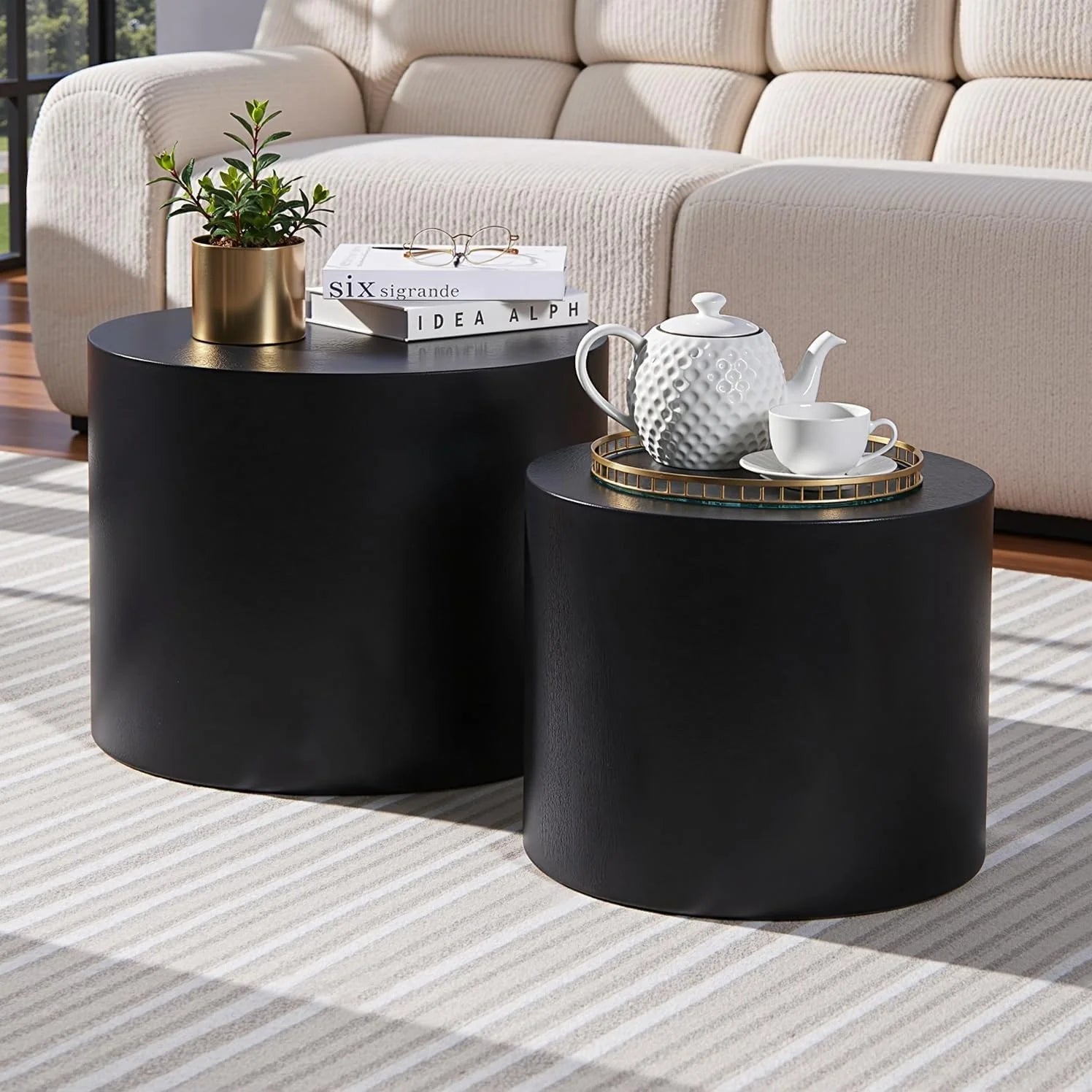 Nesting Coffee Table Set of 2, Modern Round Coffee Table with Non-Slip Feet, Walnut Wooden Circle Accent Tables for Small Spaces Living Room Bedroom Balcony Office Drum Side Table (Walnut)