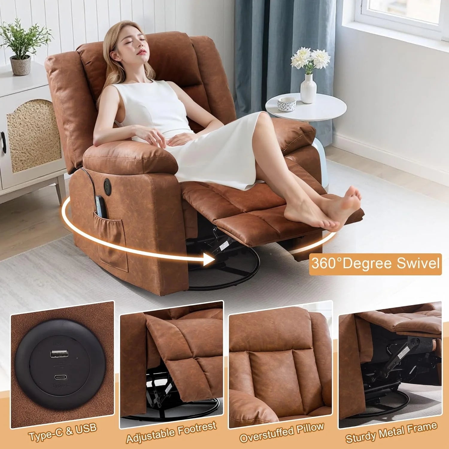 Rocker Recliner, Glider Recliner Chairs for Adults, 360�� Swivel Rocking Chair with Massage and Heating, Nursery Chair