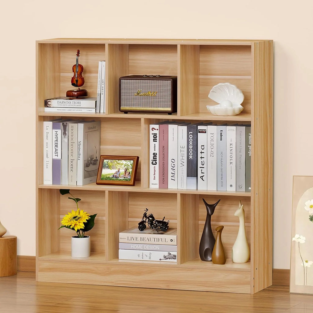LEYAOYAO Wooden 7 Cube Book Shelf Natural Bookshelf Legs Modern Open Storage Organizer