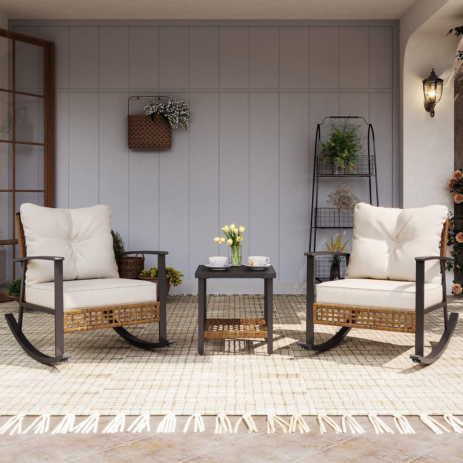 LAUSAINT HOME 3 Piece Rocking Bistro Set Outdoor Patio Furniture Oversize Rattan Conversation Set