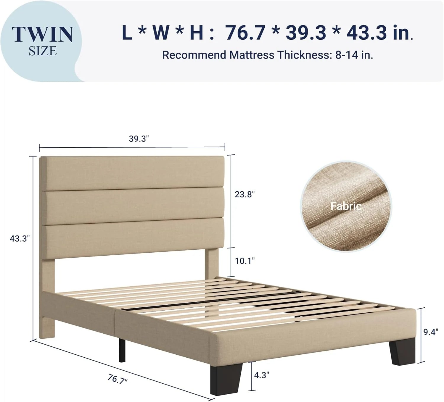Allewie Queen Size Platform Bed Frame Fabric Upholstered Headboard Wooden Slats Support